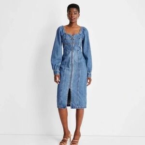 Casual Blue Denim Long Sleeve Zip Up Dress